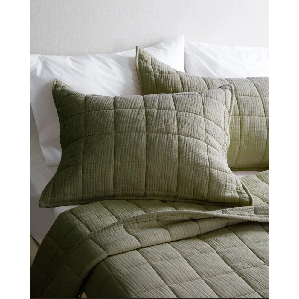 Quince Organic Cotton Gauze Box Quilt Sham Set King Olive Set of 2 $54.90  New